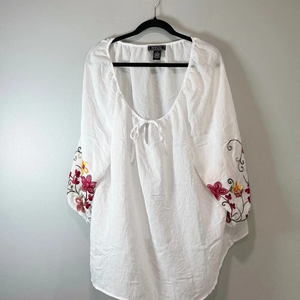 NYCC New York Clothing Co White Embroidered Floral Peasant‎ Blouse 3X Boho Top